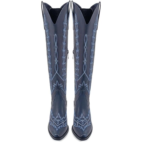 ⚡Women's Blue Knee High Wide Calf Lace Up Embroidered Cowgirl Boots Pull On - Picture 5 of 7